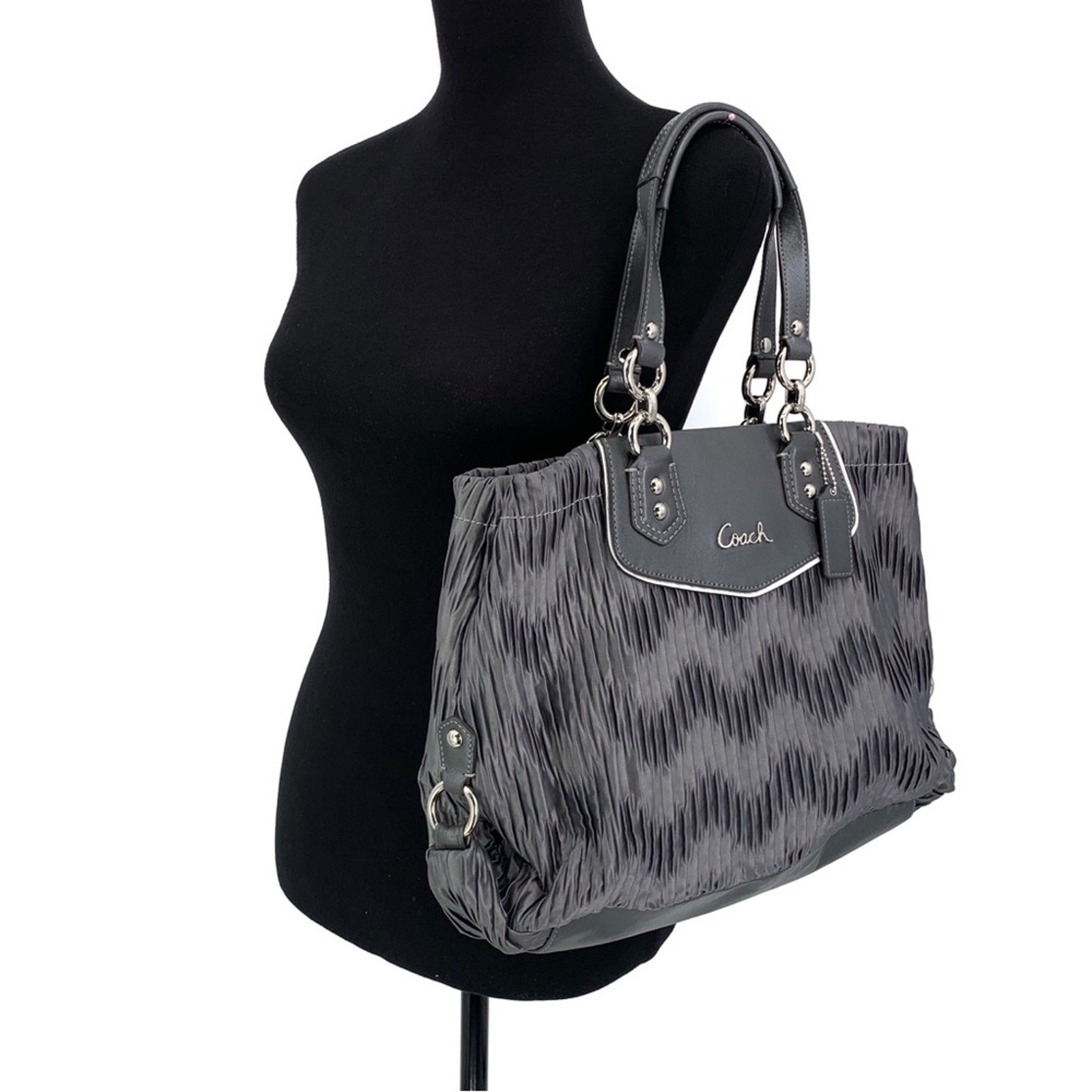COACH #F20050 Ashley Gathered Carryall Satchel Bag Grey Satin