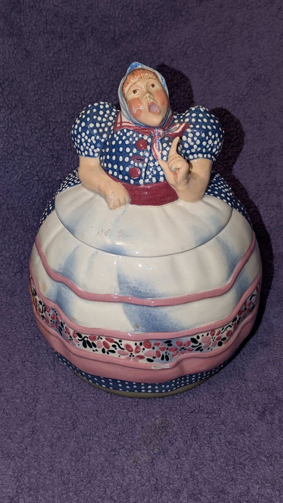 Helen Hutula TAT-L-TALE Cookie Jar Dark Blue Polka Dot Dress 11 TALL Vintage