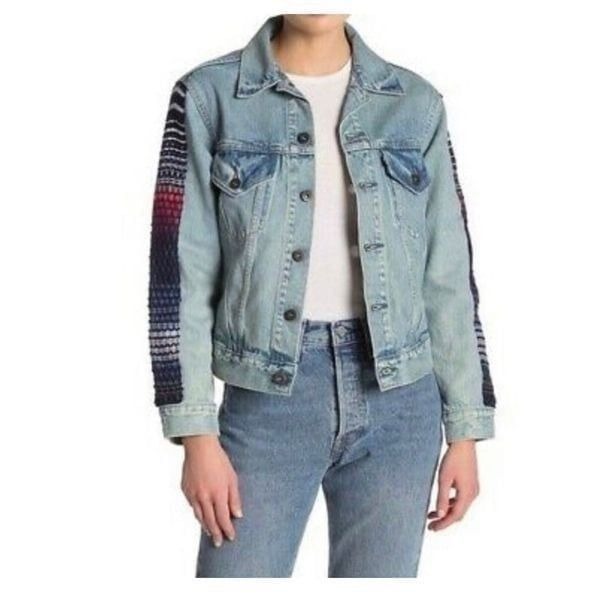 LEVI’S | RARE Crochet Embroidered Sleeve Stripe Denim Jean Jacket Women’s Size S