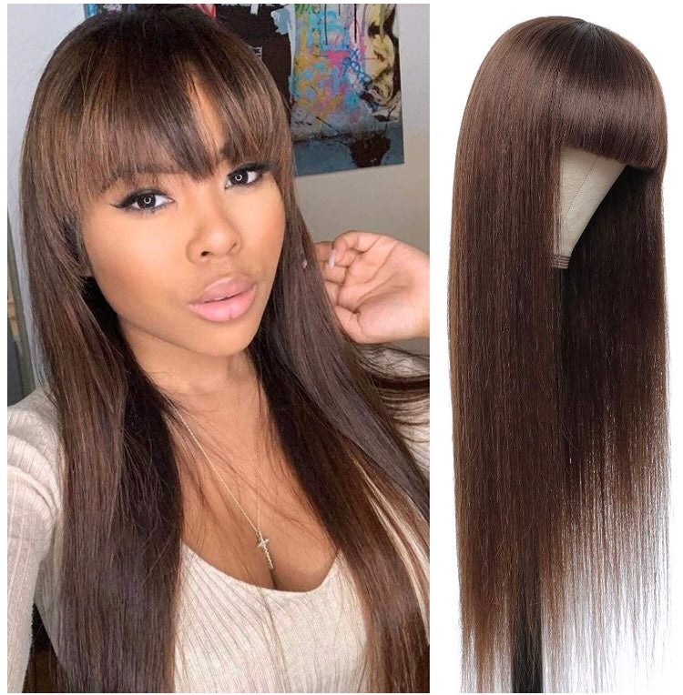 16in Brown Human Hair Wig with Bangs