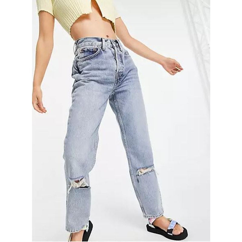 Topshop Womens Dad Jeans US 24 Blue Light Wash Distressed High Rise Relaxed NWT
