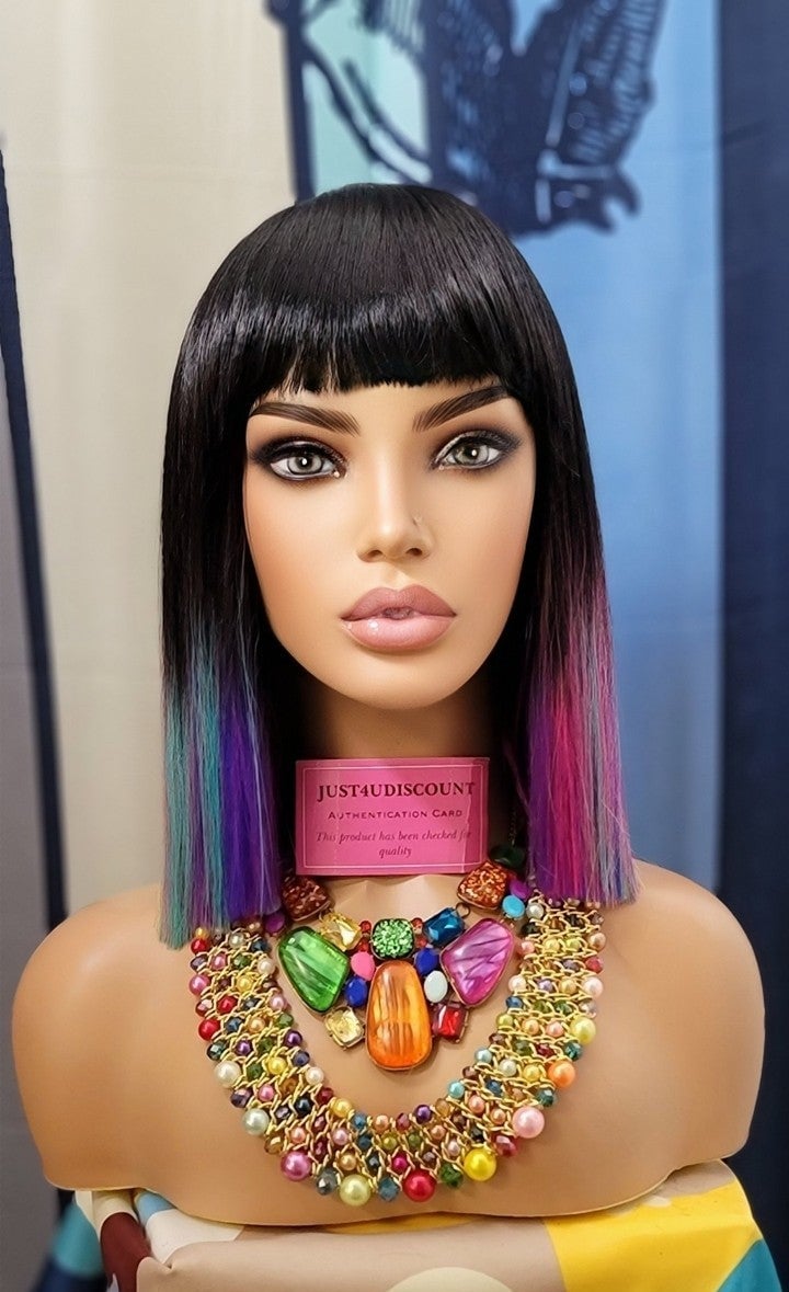 A Million color Chinese bang rainbow tip dipped black straight wig