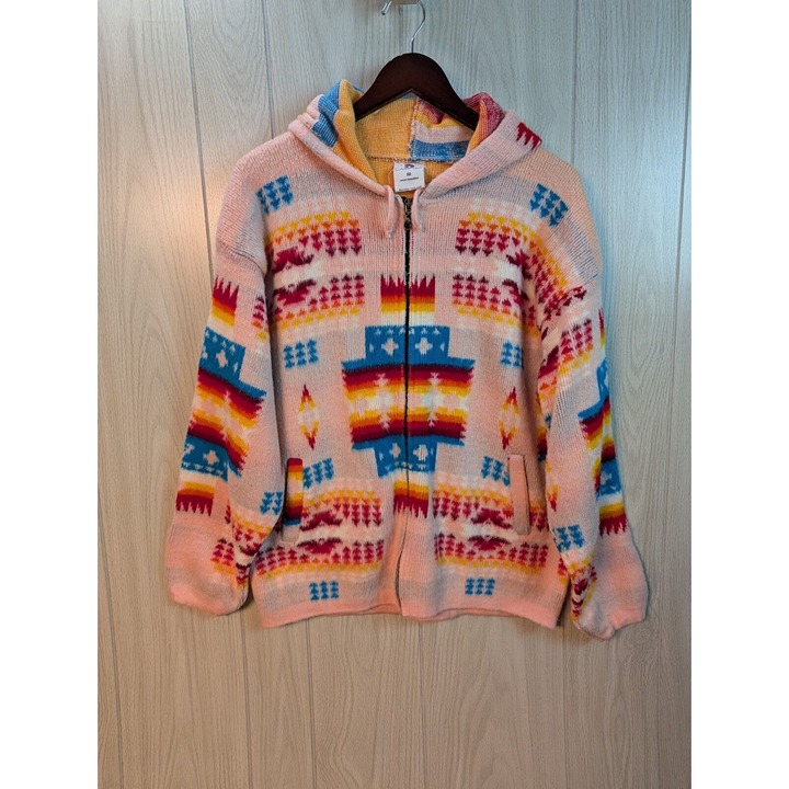 CAMPTEX 100% Wool Aztec Southwest Full Zip Hooded Sweater Size Medium Pink