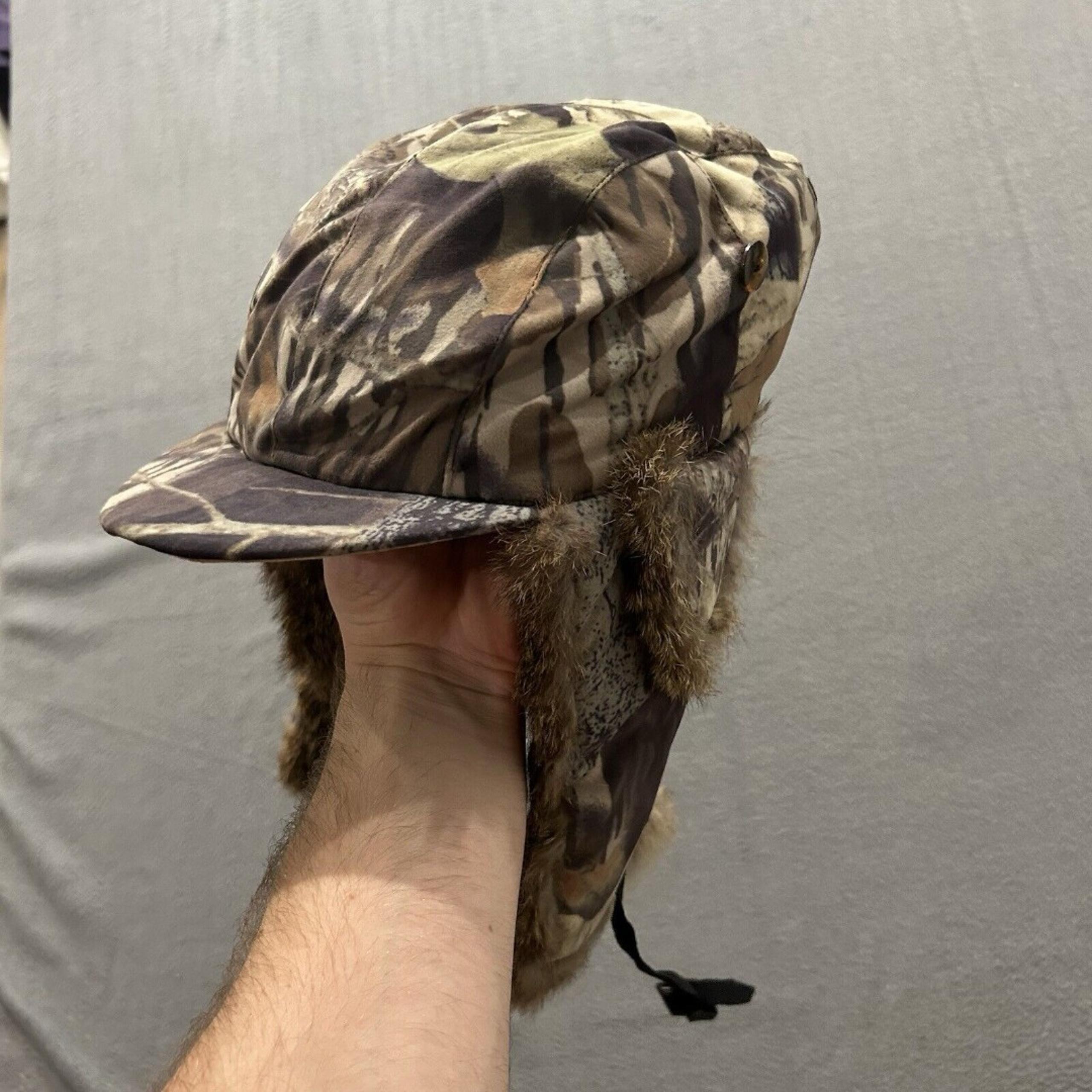Vintage Mad Bomber Trapper Hat Camo Rabbit Fur Lined Aviator Ear Flaps Large