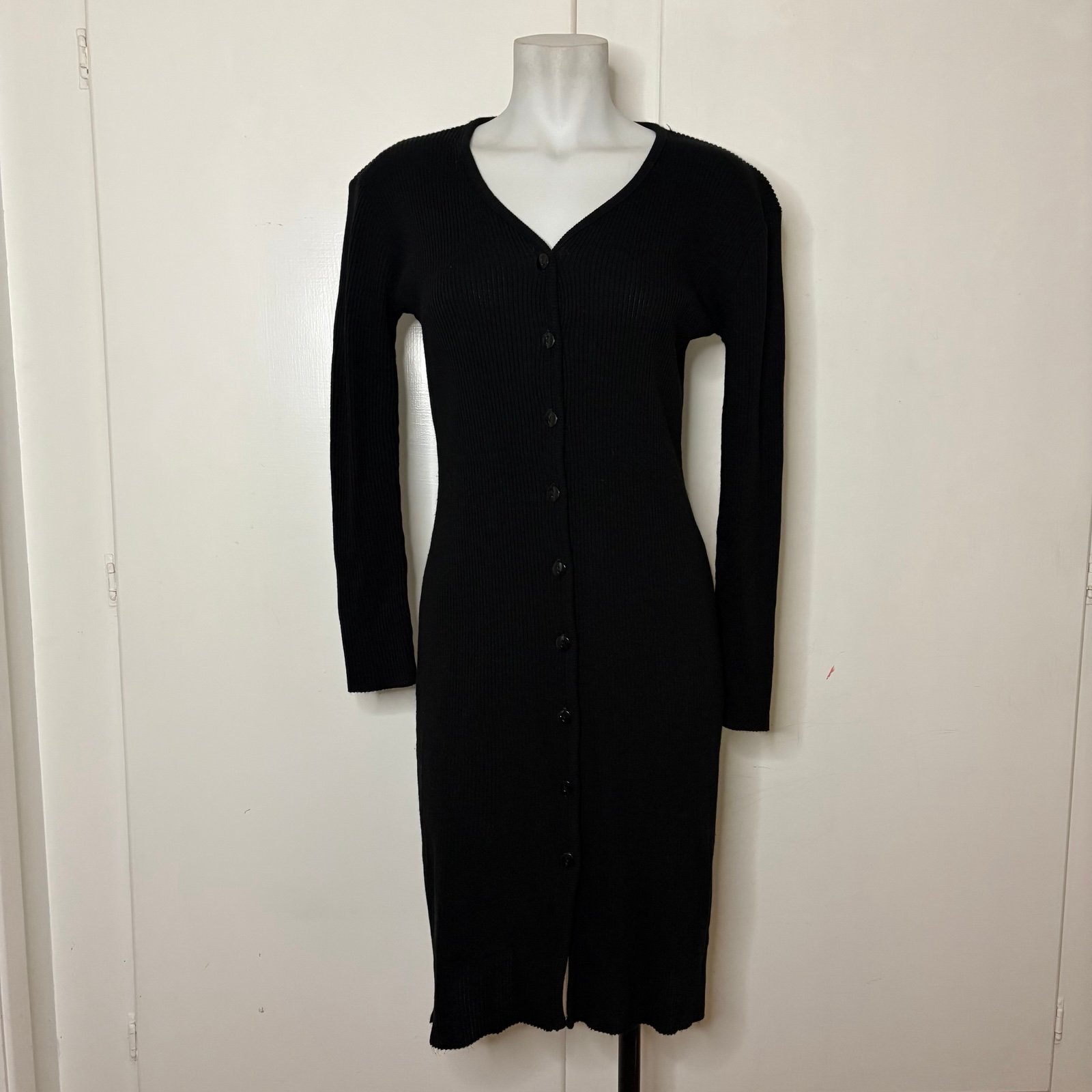 Vintage 90s Black Ribbed Knit Cardigan Midi Dress
