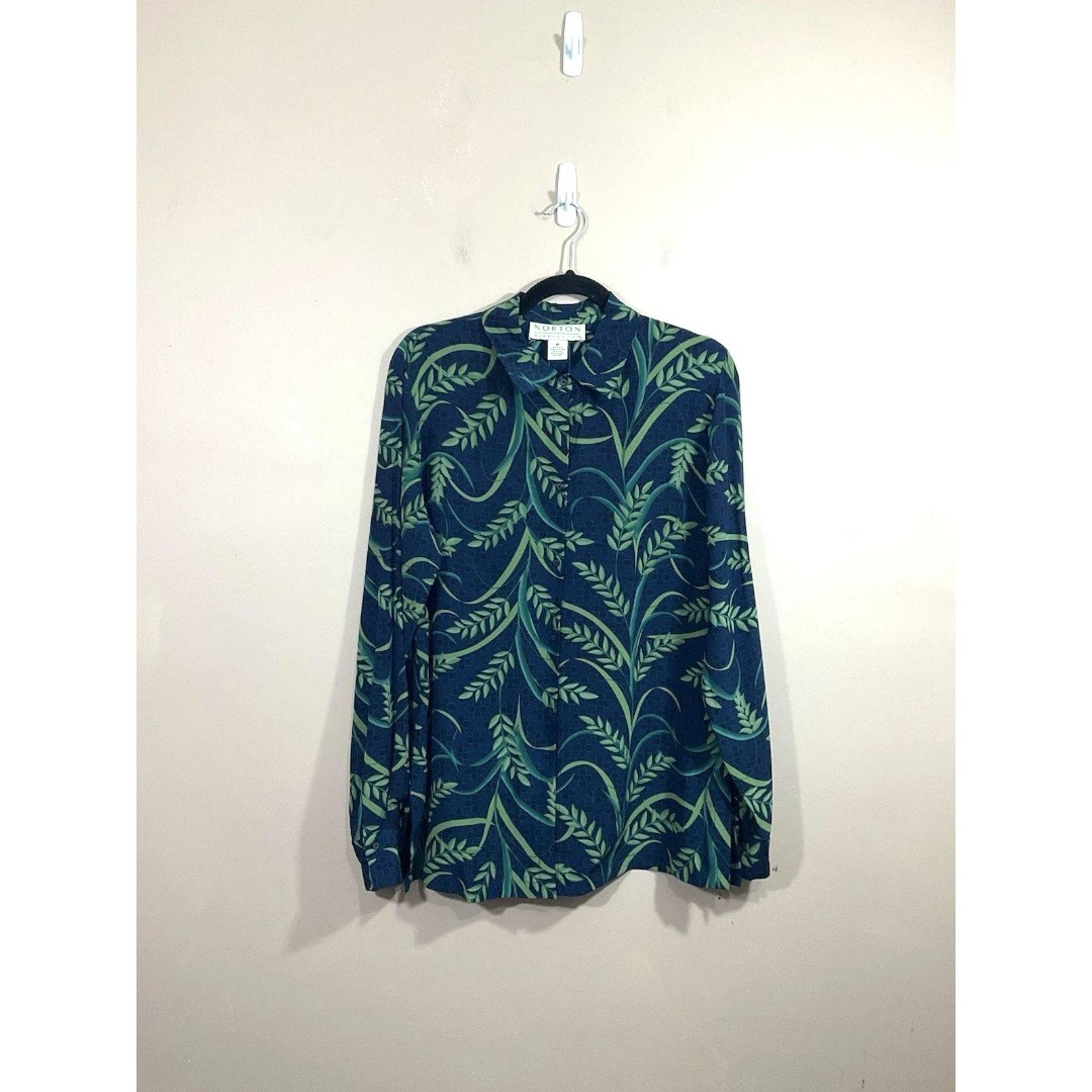 VTG Norton McNaughton Womens Silk Floral Leaf Print Button Up Shirt M Blue 90s
