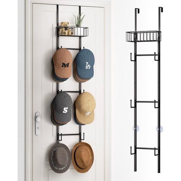 New Over Door Hat Rack, Wall-Mounted Hat Organizer with 6 Hooks & Basket, Black