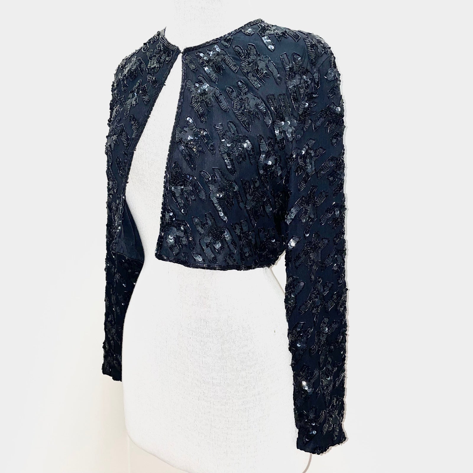 Vintage AJ BARI silk black sequin houndstooth cropped bolero jacket size medium