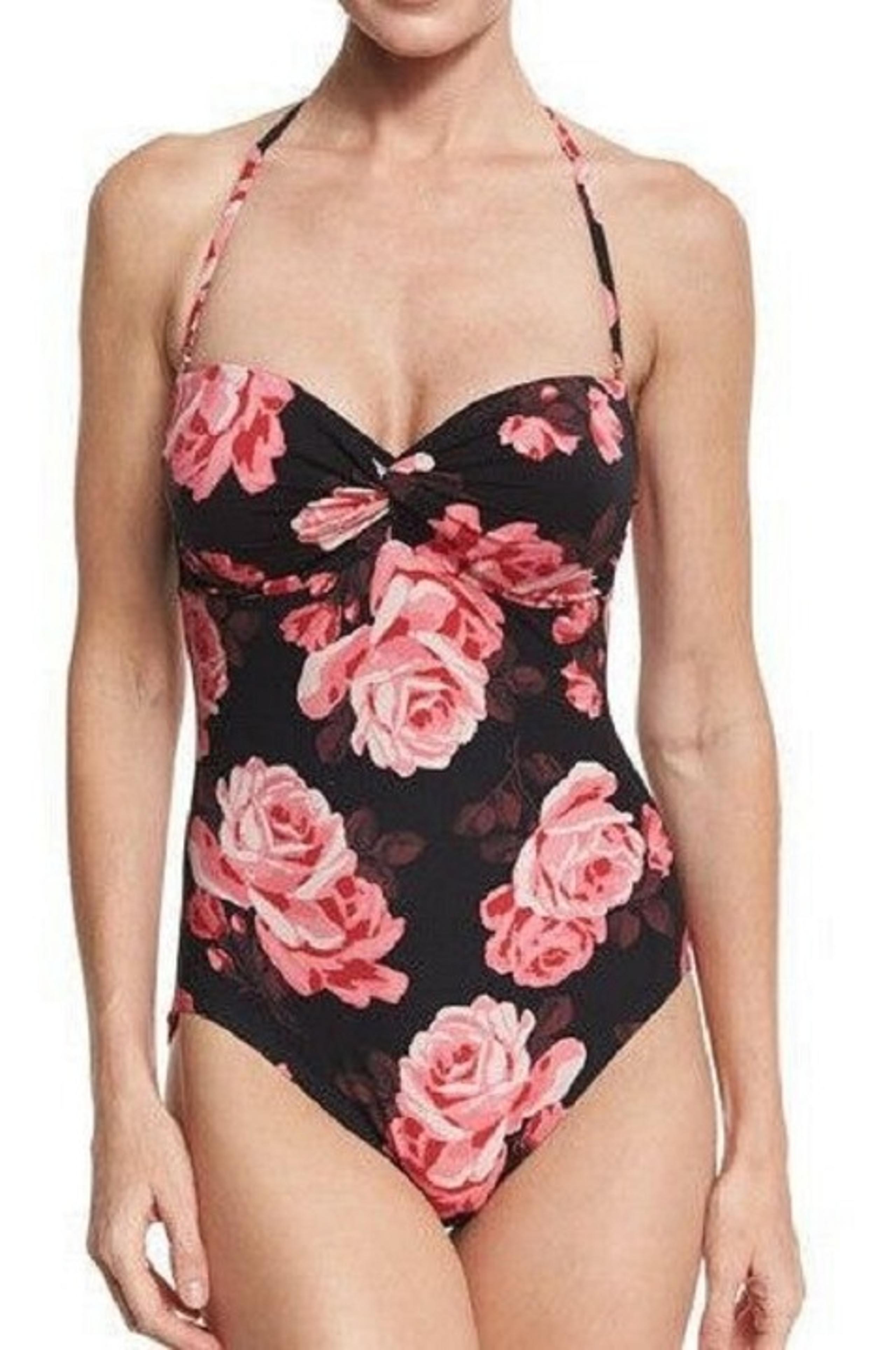 KATE SPADE ROSE PRINT 1 PC BANDEAU SWIMSUIT BLACK PINK SIZE S NWT!