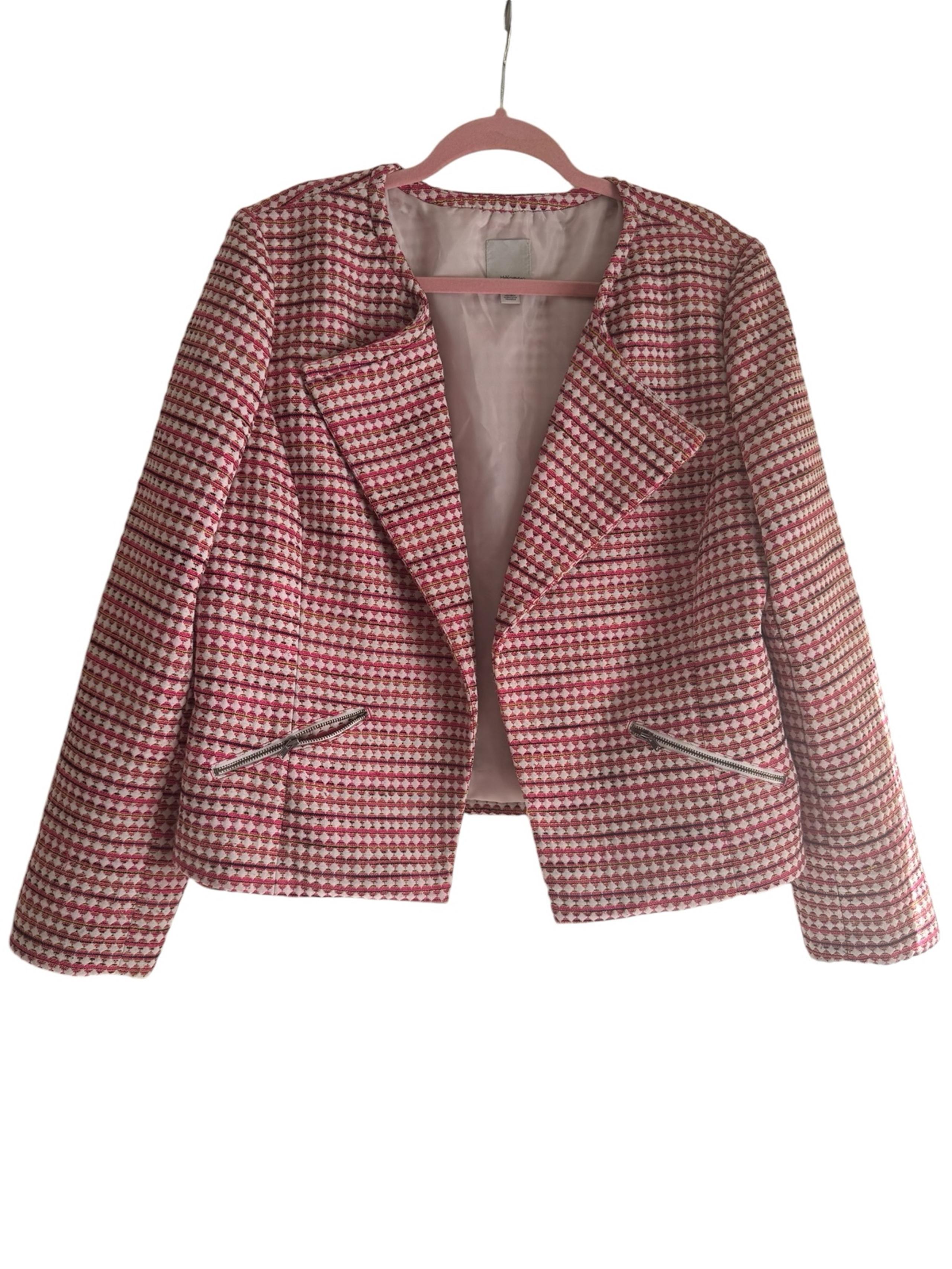 Halogen shawl collar open front blazer, pink & white, size XL