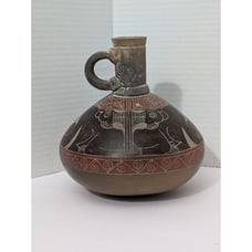 Vintage Ecuadorian Etched Pottery Clay Handled Vessel