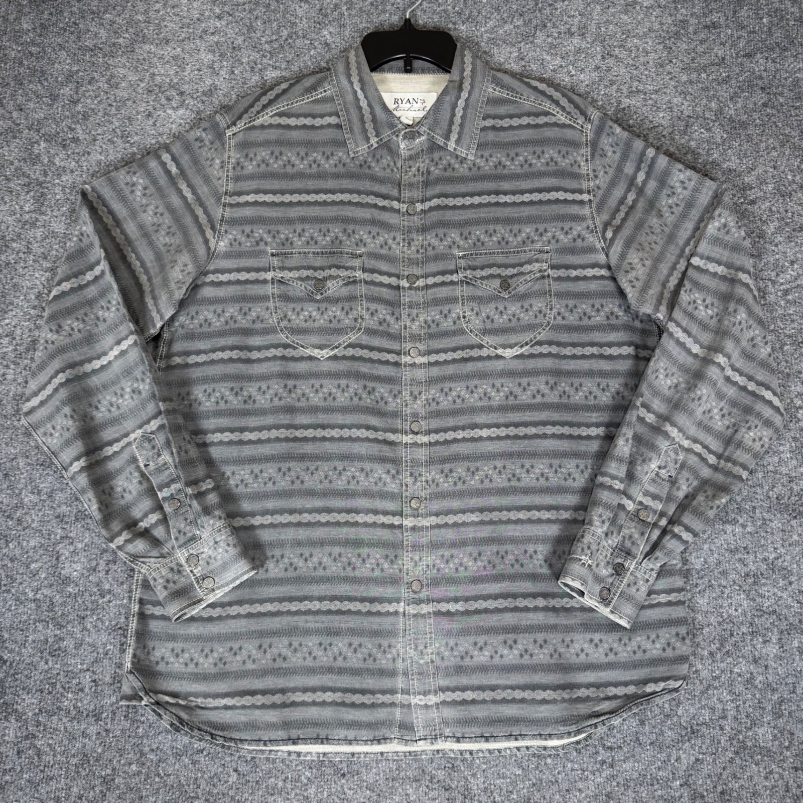 Ryan Michael Aztec Western Shirt Long Sleeve Cowboy Snap Button Gray Mens Large