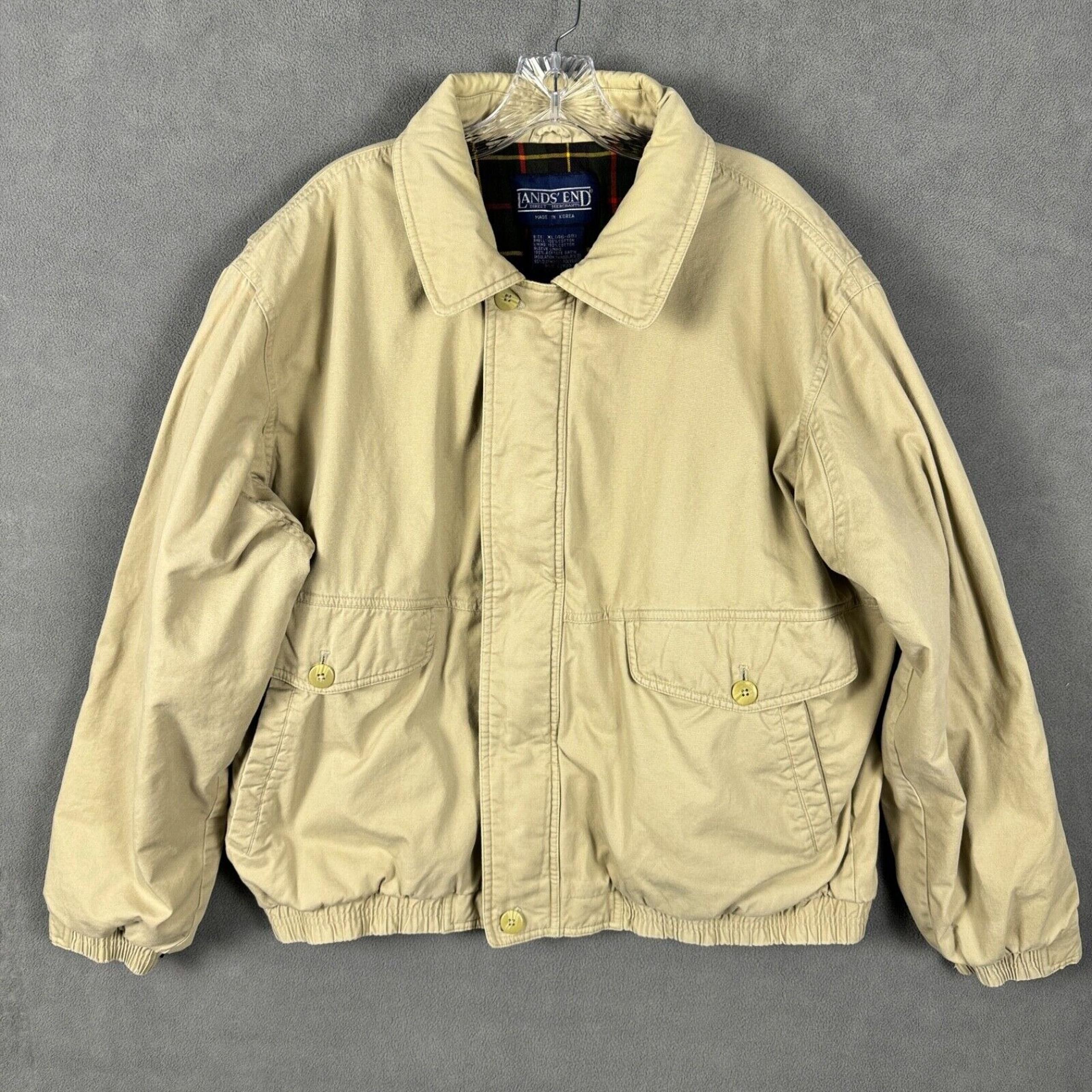 Vintage Lands End CLASSIC Tan Jacket Men XL Plaid Lined Bomber 80s 90