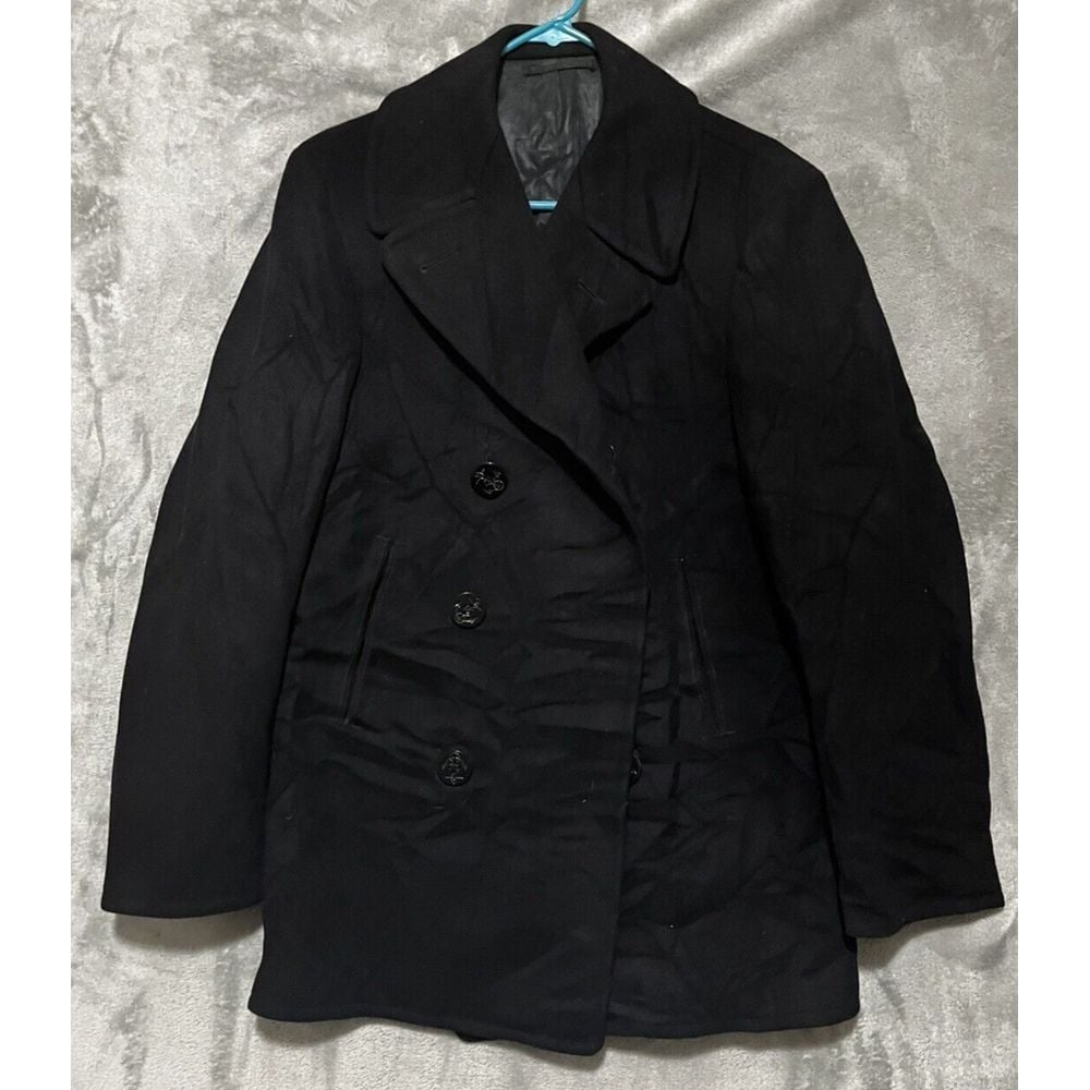 60s US Navy 100% Wool Pea Coat Size 36R Anchor Buttons Vintage Blue