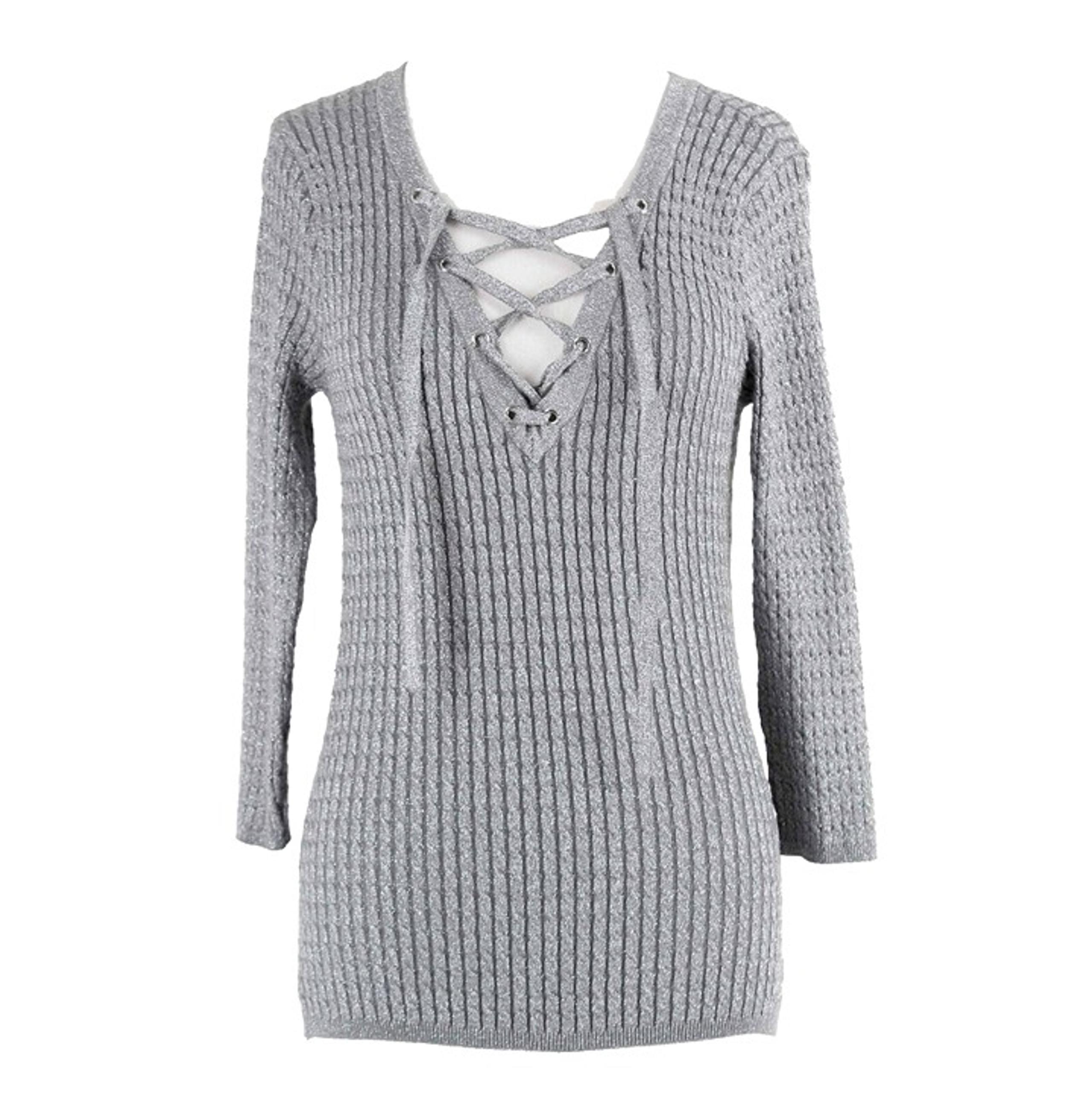 New York & Co Sz XS Silver Ribbed Laced Neck Nylon Rayon Poly Metallic Top