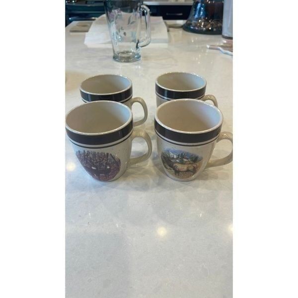 Cabela’s folkcraft By Scotty Z, stoneware 4 coffee cups 2 elk. 2 whitetail. Fun