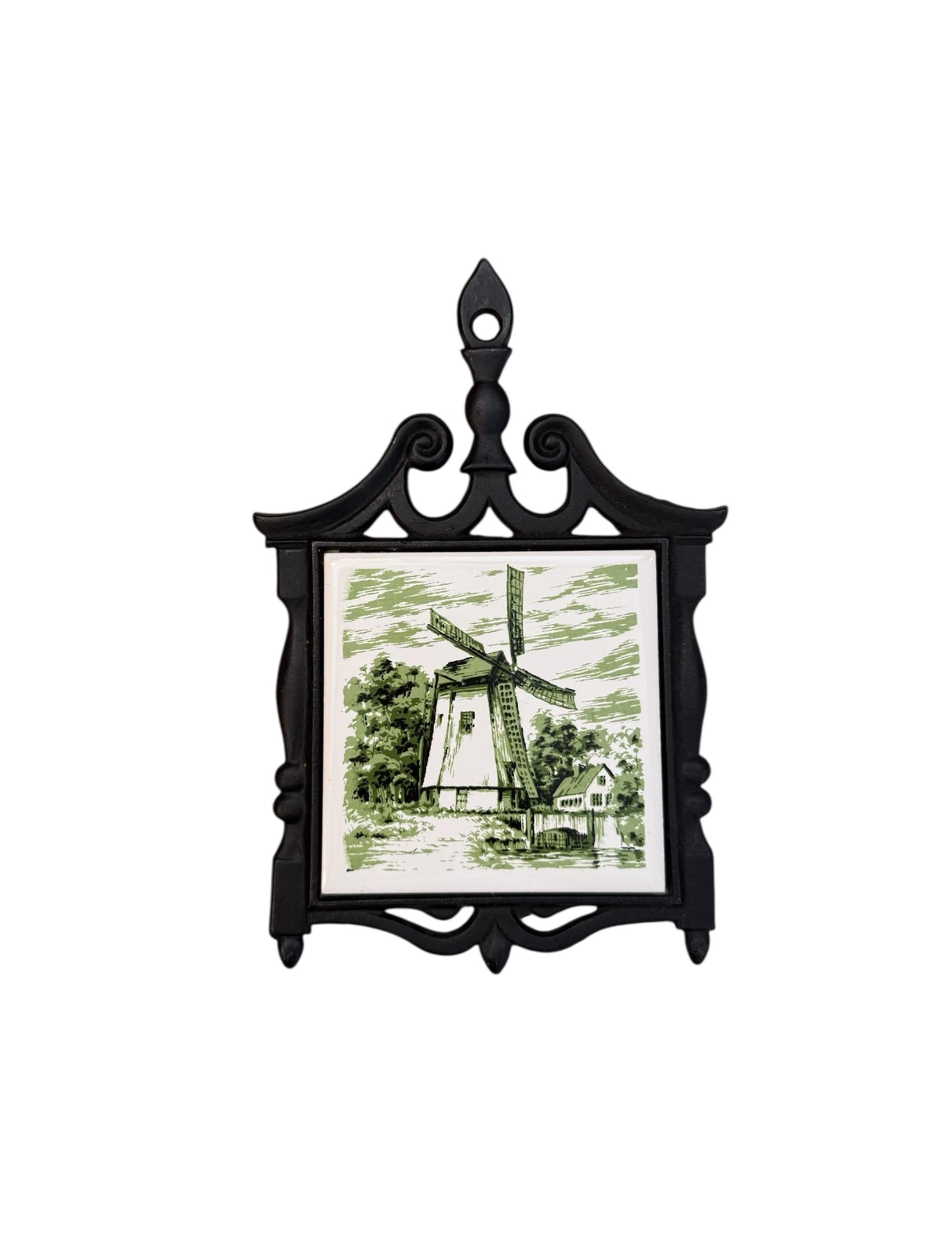 Vintage 1970’s Cherry Ceramic and Cast Iron Trivet Tile