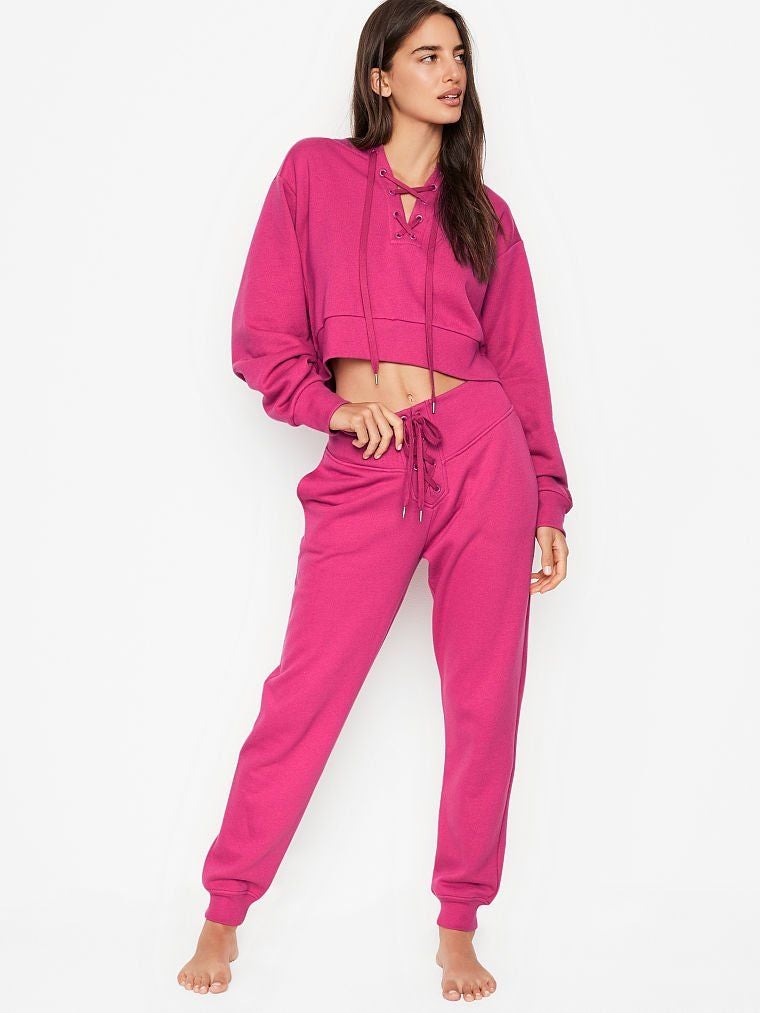 VICTORIA'S SECRET Cotton Fleece Lace-Up Crewneck Jogger Outfit Set NWT