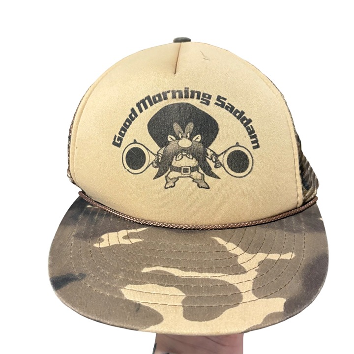 VTG Good Morning Saddam Hussein Trucker hat Yosemite Sam OOAK Camo 90s y2k USA