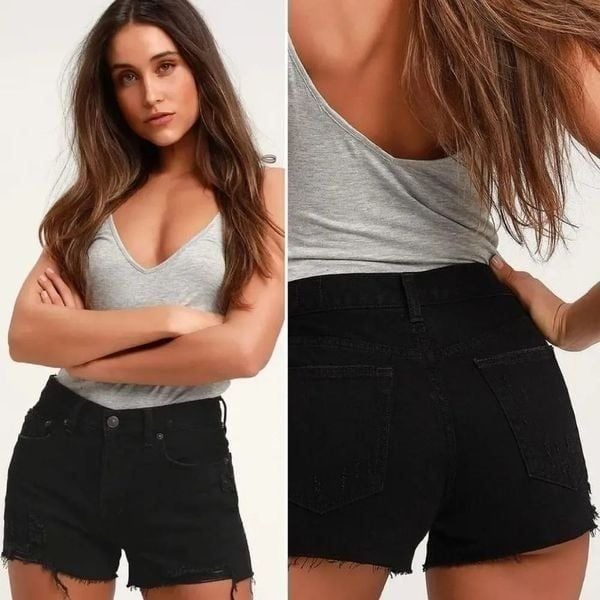 We The FREE PEOPLE Black Sofia Distressed High Waist Jean Shorts Size 30