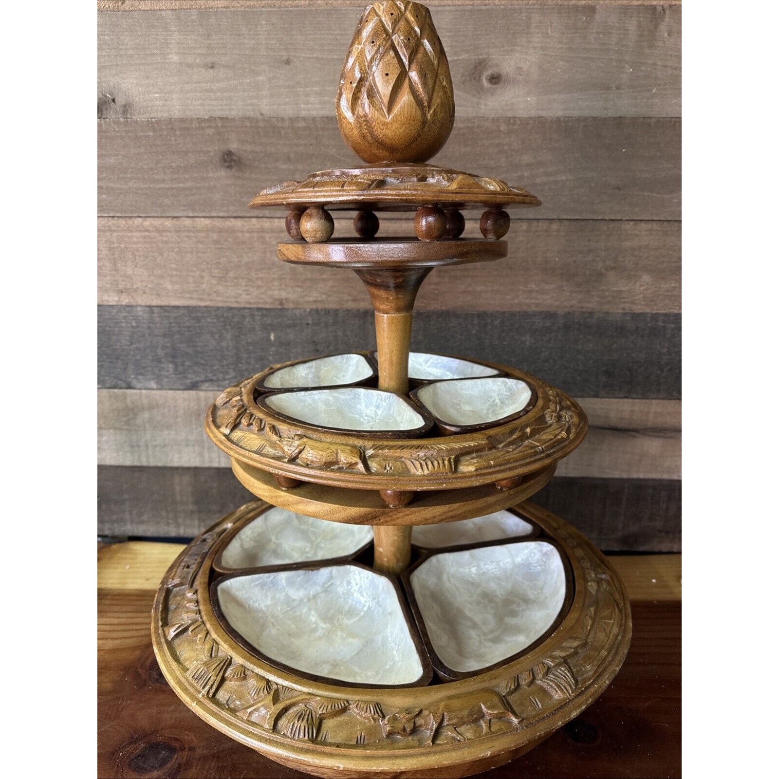MCM Wood Monkey POD Lazy Susan 3 Tier Centerpiece Serving Set Shell Bowls