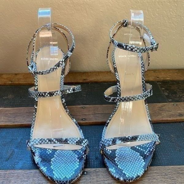 Black Suede Studio Gwen Snake-Print Heel Sandals, Women's Sz 41 (10.5)