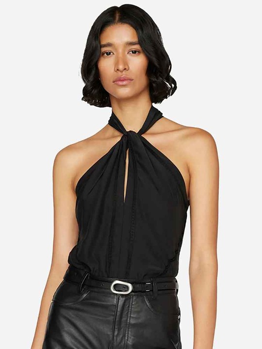 NWT FRAME Black Lace Inset Sleeveless Twist Neck Halter Top Tank Size XS