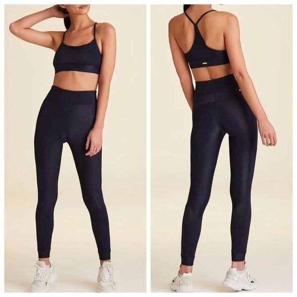 Alala Raya Rib Leggings Womens Sz M Tight Navy Textured Shiny Ripped Fabric New
