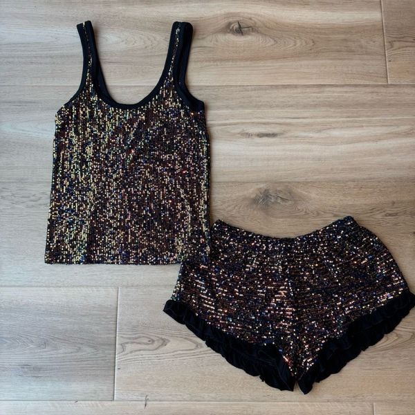 NEW POL Matching Black Sparkly Sequin Set Size Small Shorts Tank Top