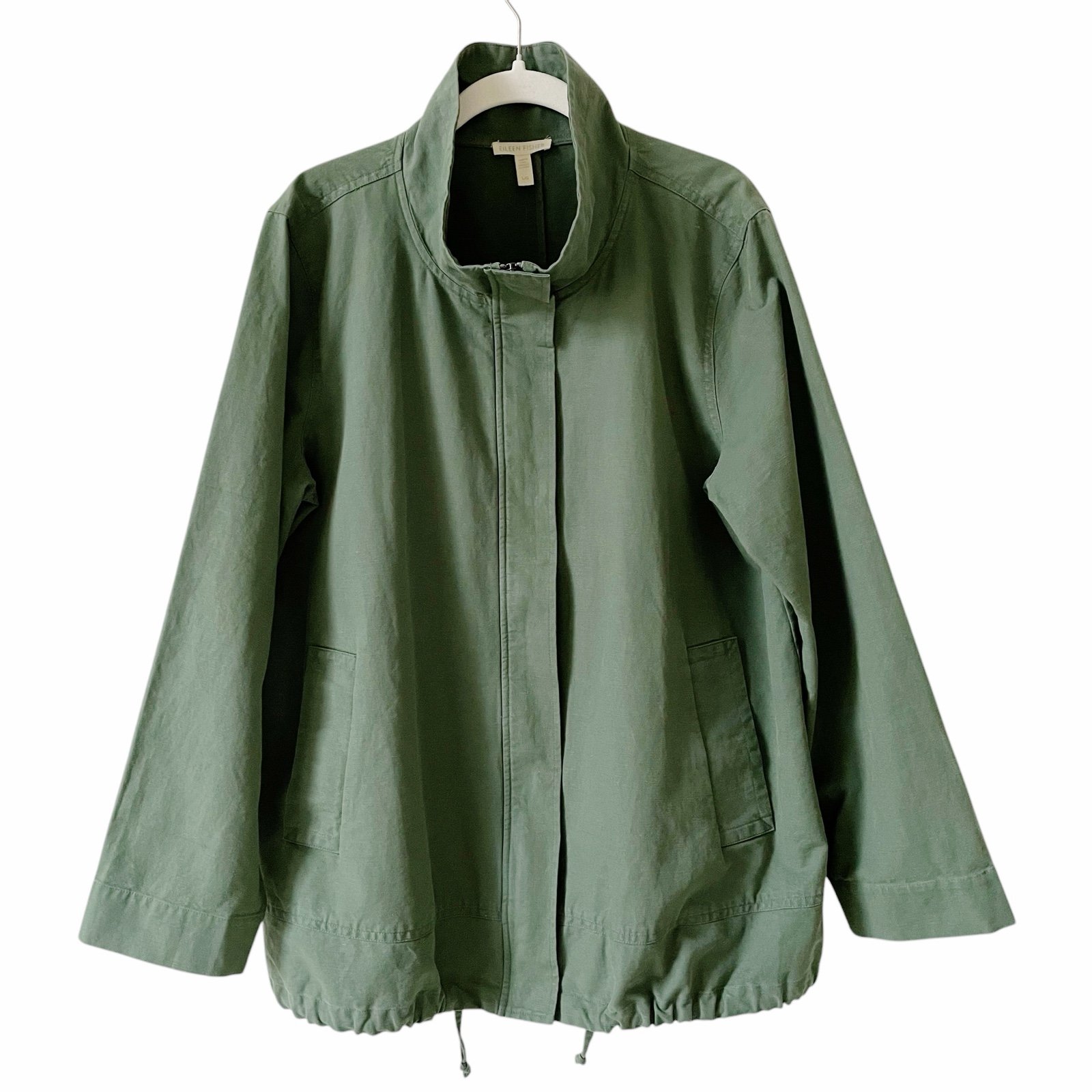 Eileen Fisher Organic Cotton Hemp Stand Collar Long Jacket Green Size Large