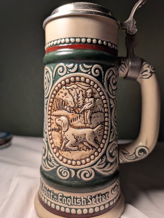 Avon Beer Stein Hunting Dog Fishing Trout Mug Ornate Viknig Like 1978