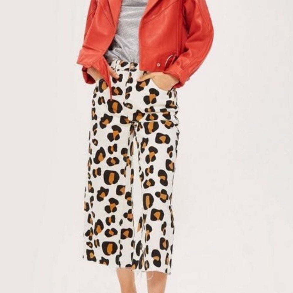 Women's Topshop Moto Leopard Animal Print Highrise Cropped Wide Leg Pants Sz 25