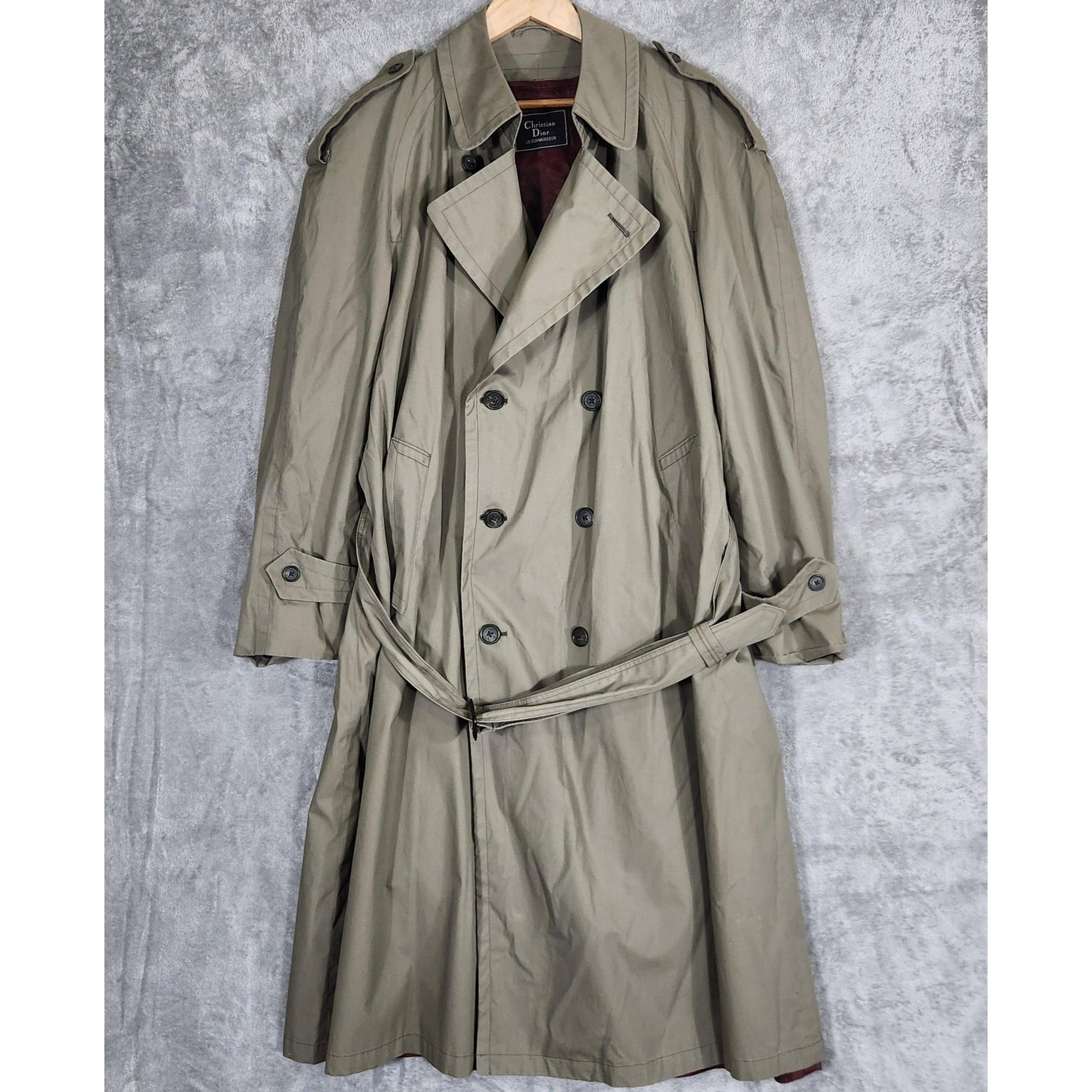 Vintage Christian Dior Trench Coat Mens 44R Khaki Belted Wool Lined Classic 90s