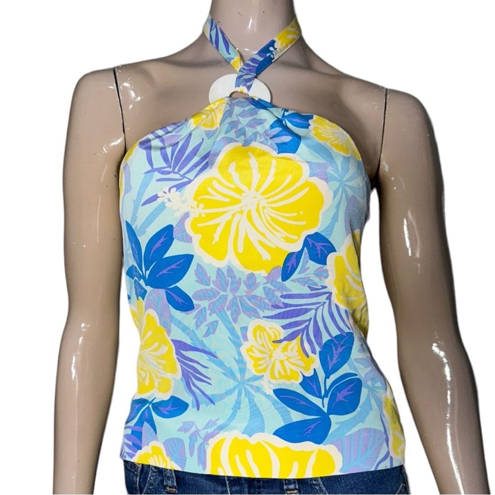 Lilly Pulitzer Vintage Size 2 Blue Yellow Hibiscus Floral Print Silk Halter Top