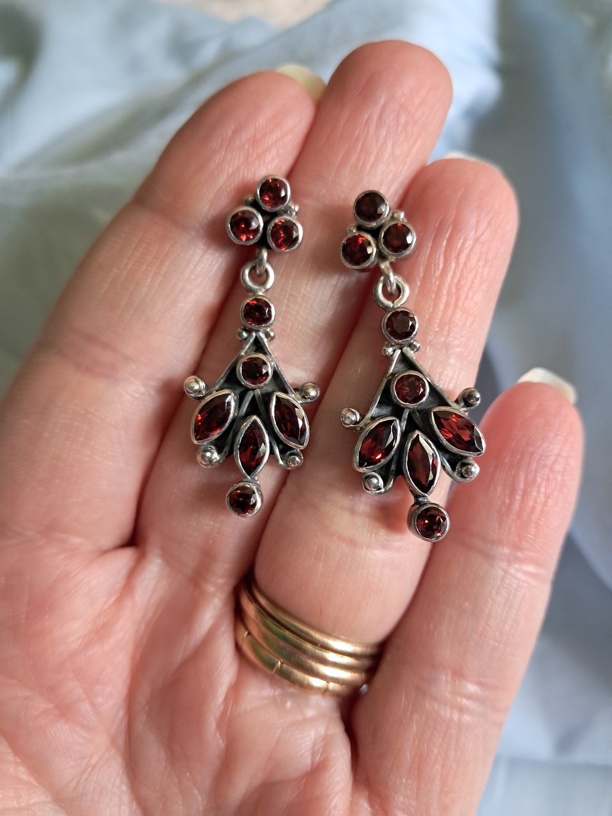 Vintage Bohemian Garnet Sterling Silver Artisan Handmade Chandelier Earrings