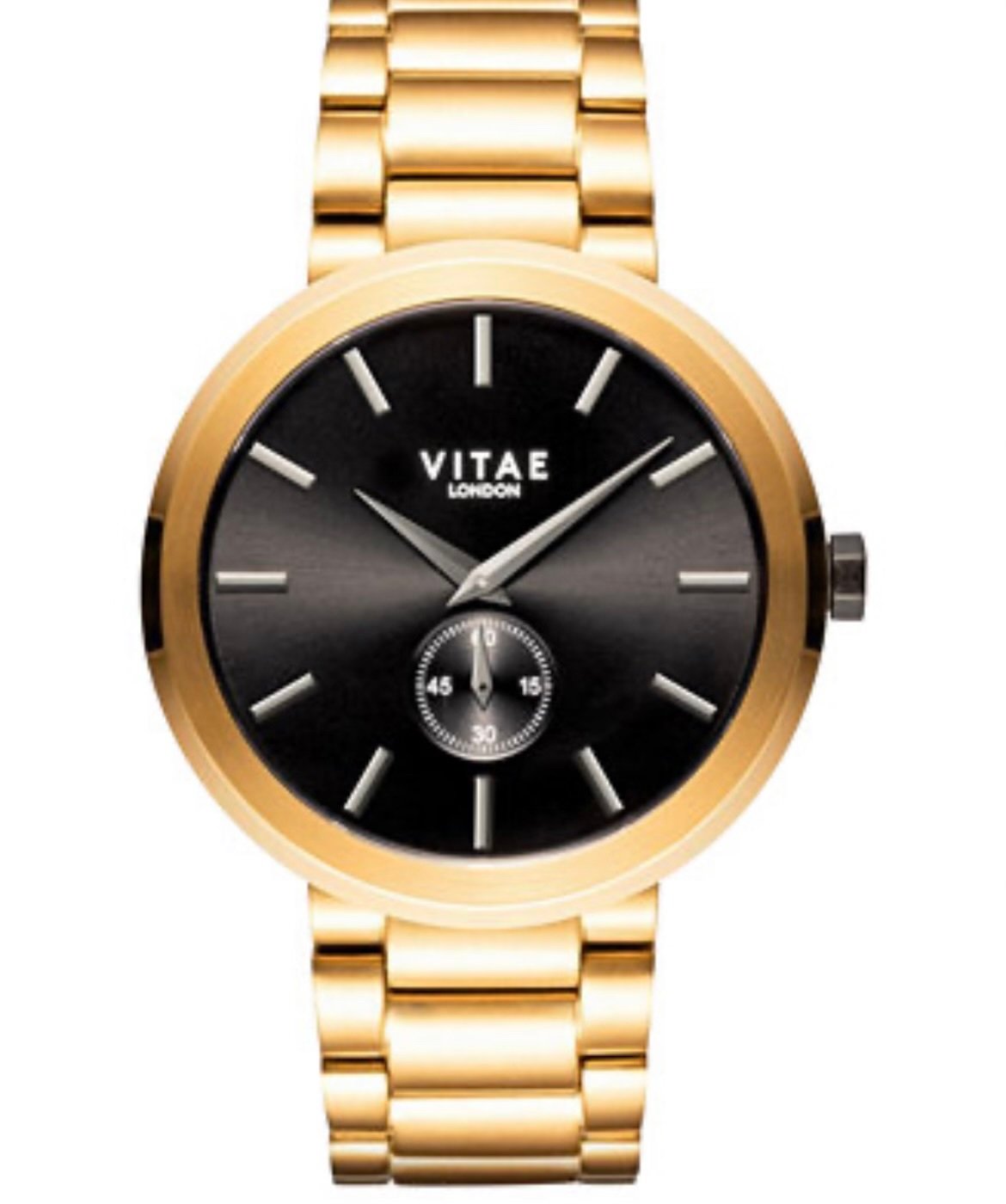 VITAE MENS ROUND WATCH GOLD COLOR STAINLESS STEEL WITH BLACK FACE SILVER ACCENTS