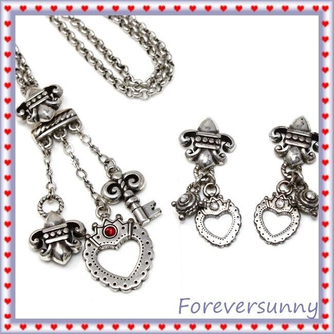 Brighton Truly Charming Crown Red Necklace Post Earrings Key Fluer De Lis Set