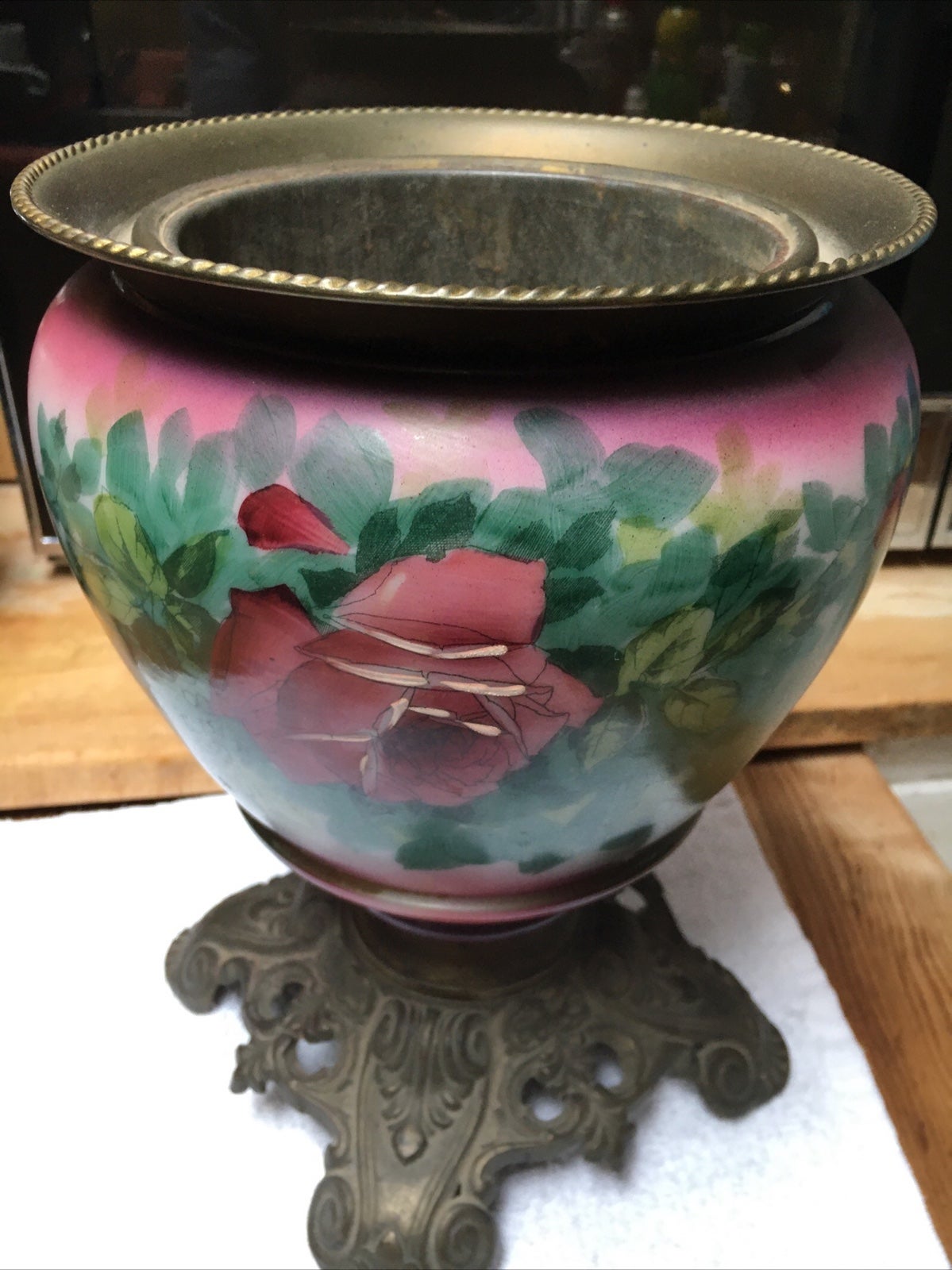 Vintage Victorian hand painted ceramic and brass planter/jardinere