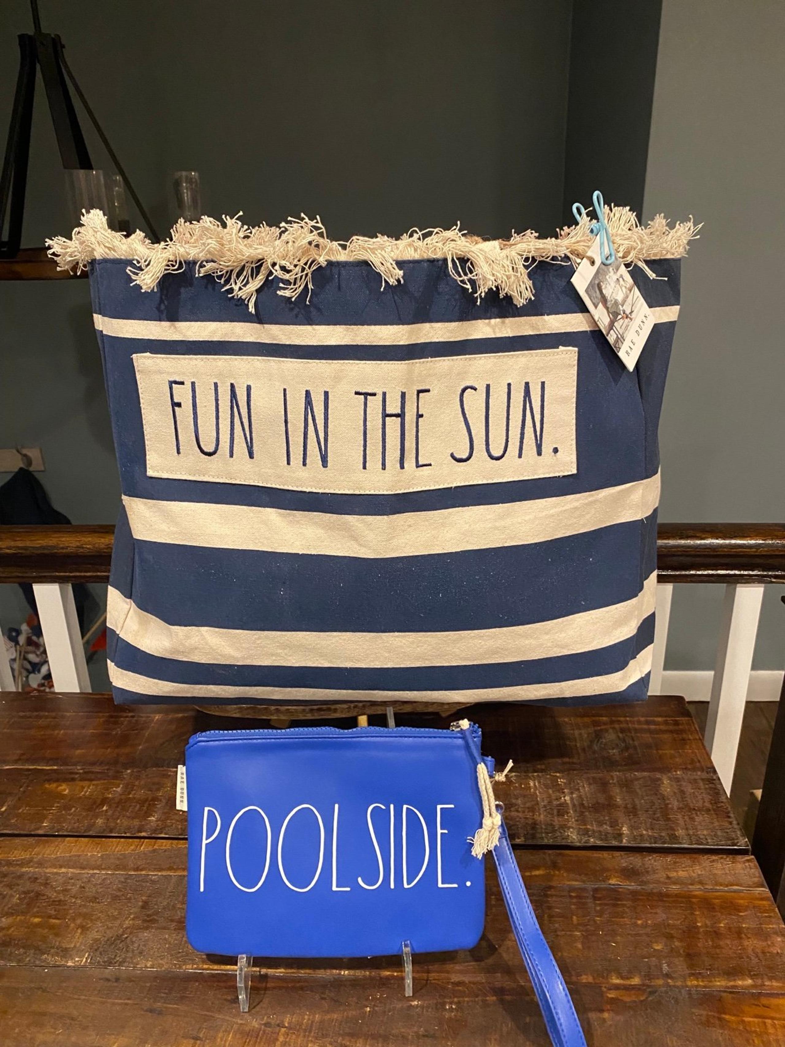 Rae Dunn FUN IN THE SUN striped tote bag and POOLSIDE pouch