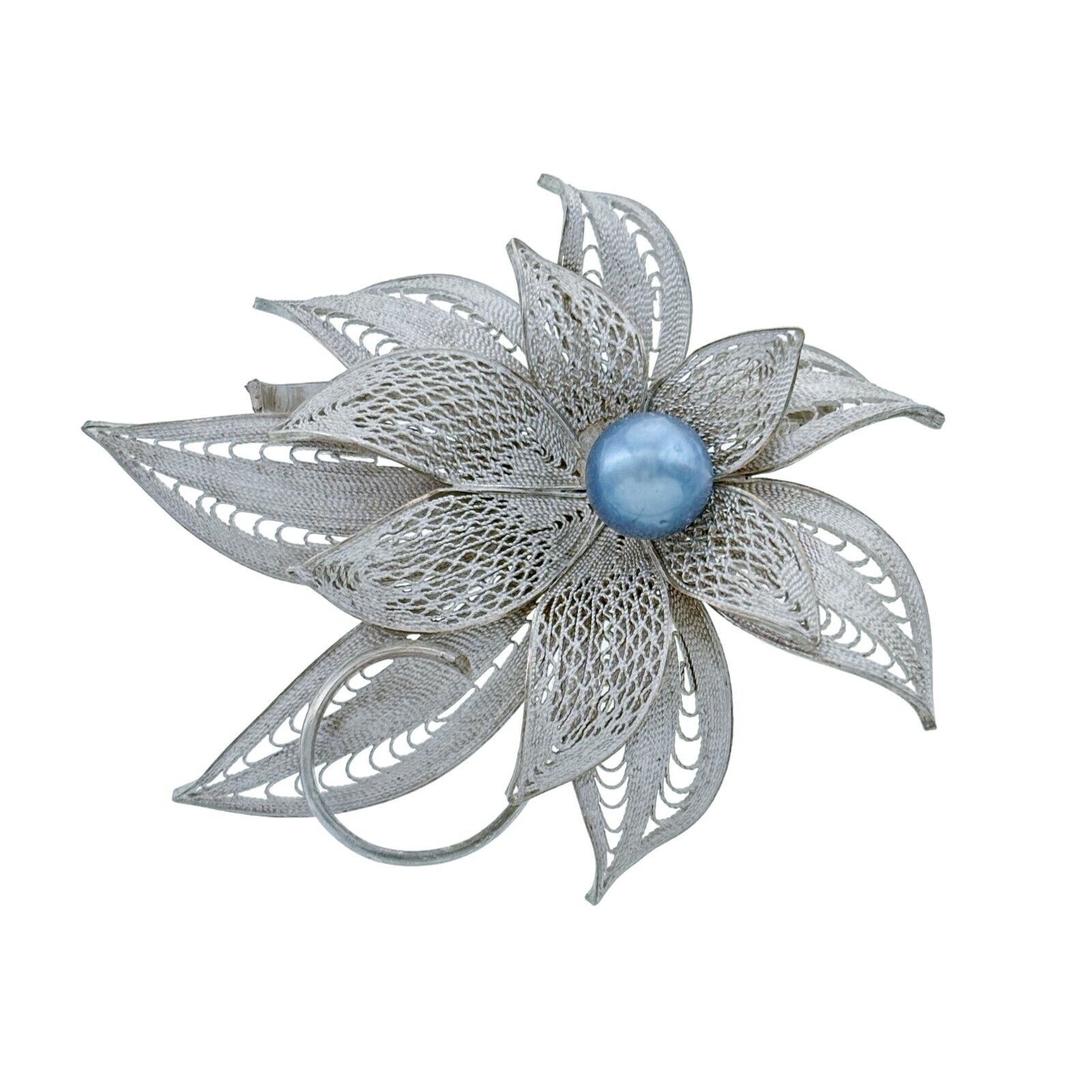 Vintage Sterling Silver 925 Filigree Blue Pearl Flower Pin Brooch