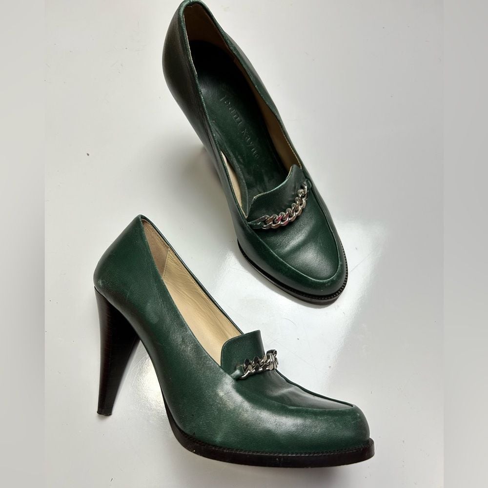 Jenni Kayne green leather chain link shoes heels sz 7