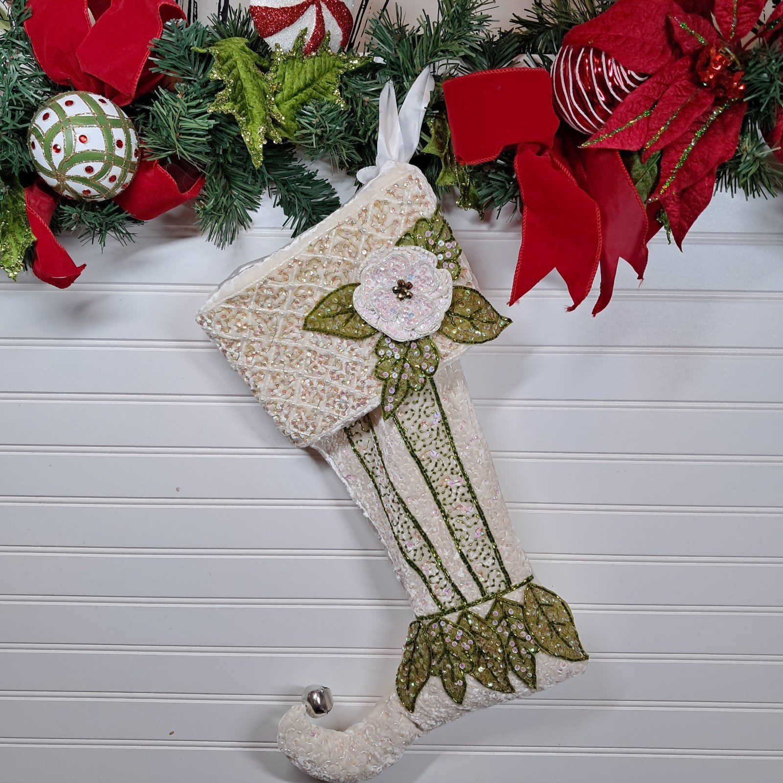 CHRISTMAS HOLIDAY STOCKING 19X12 LUXURIOUS White Velvet/ Green Sequins