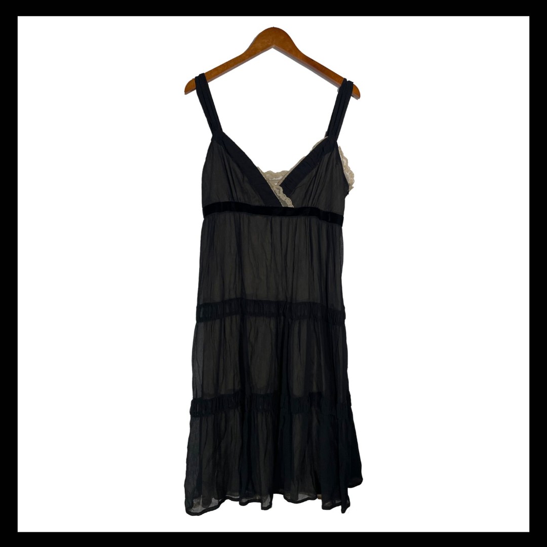 Michael Kors Black Tiered Silk Slip Dress Lace Sheer Tan Y2K 90s Size 10
