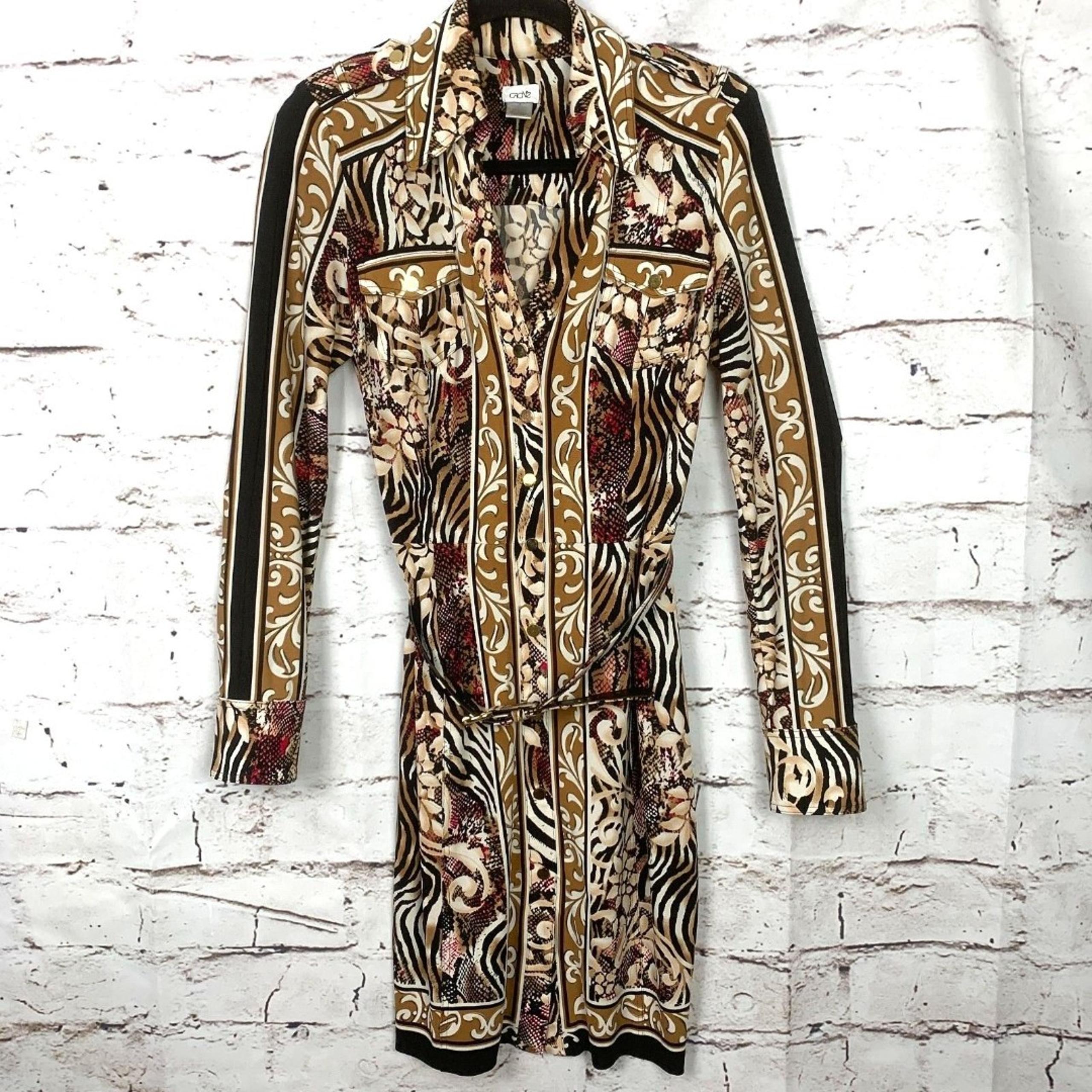 Vintage Cache Y2K 90s Floral Animal Print Button Front Long Sleeve Dress Belt 6