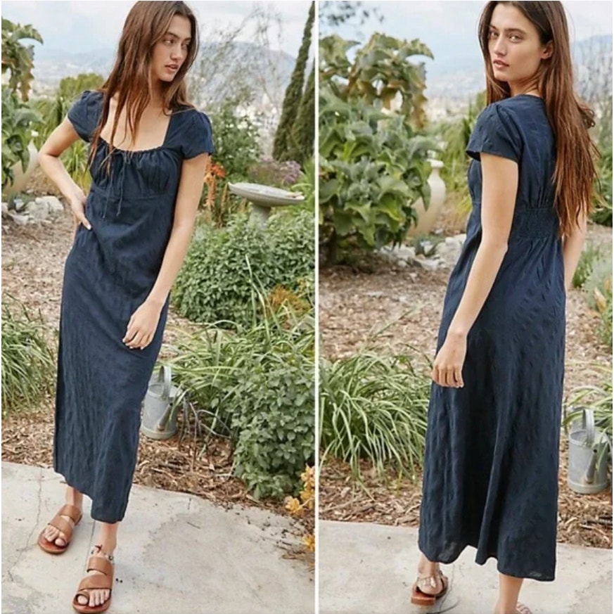 Free People NATALYA Solid Midi Column Textured Dress Sundress Black M NWOT 98