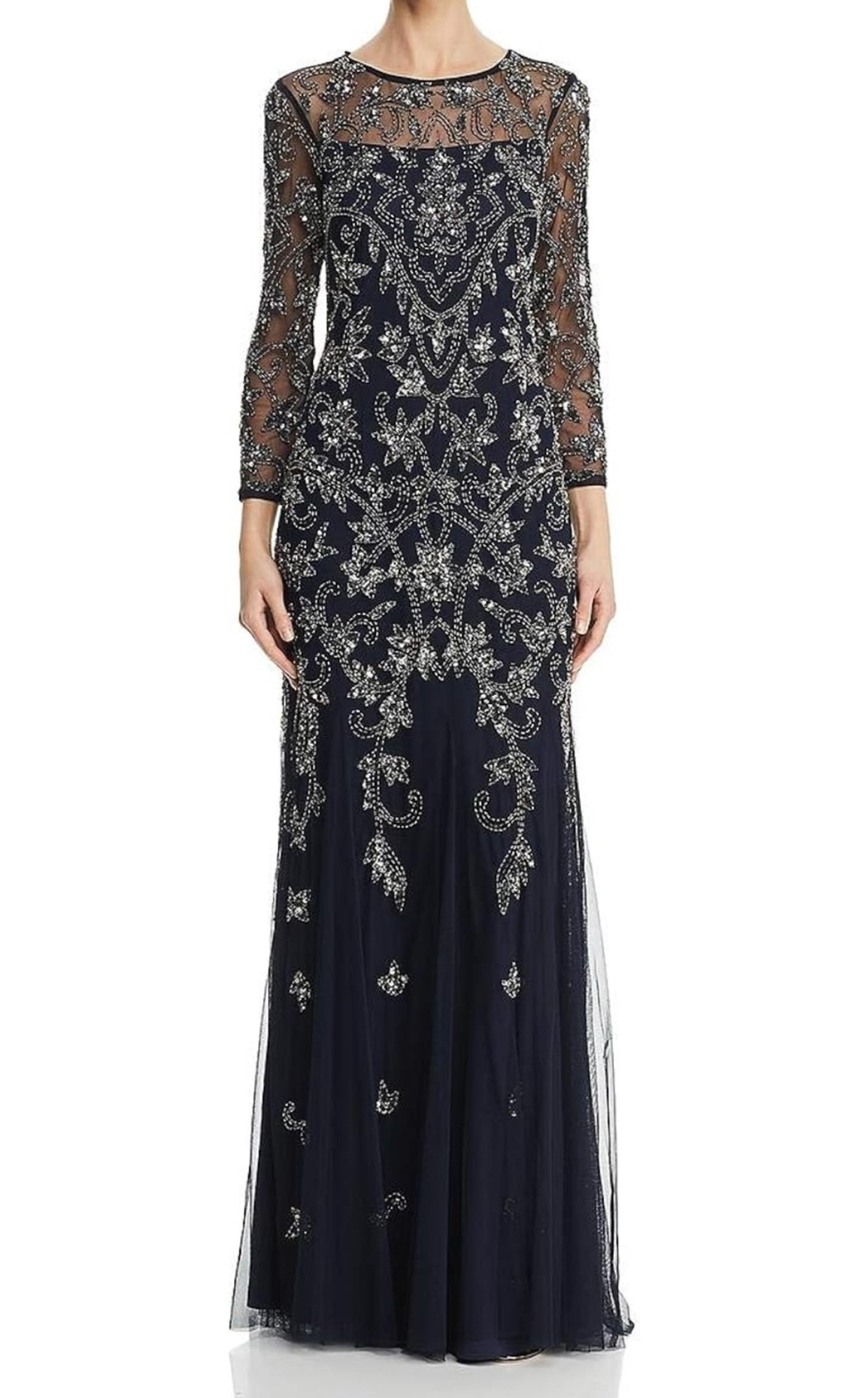 Adrianna Papell Beaded Illusion 3/4 Sleeve Scoop Neck Gown size 16