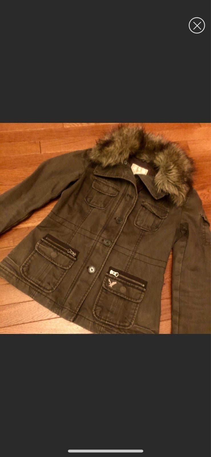 EUC American Eagle utility military jacket with faux fur collar in olive green S
