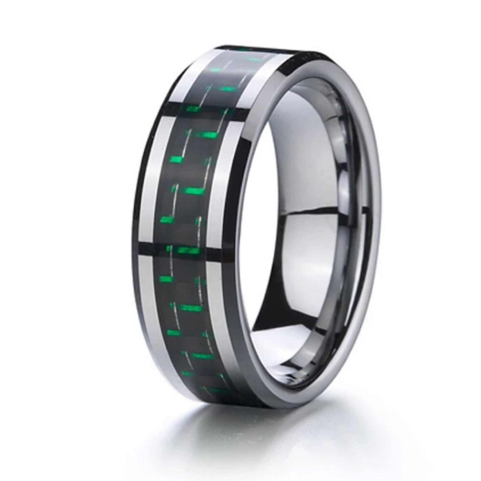 8mm Tungsten Carbide Wedding Band With Black & Green Carbon Fiber Inlay
