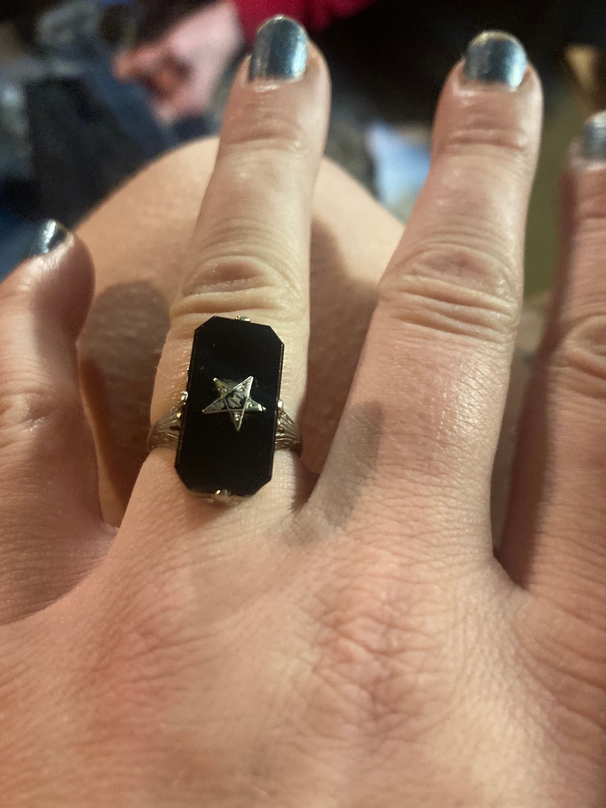 “Order of the eastern star” Black onyx 14k white gold size 7