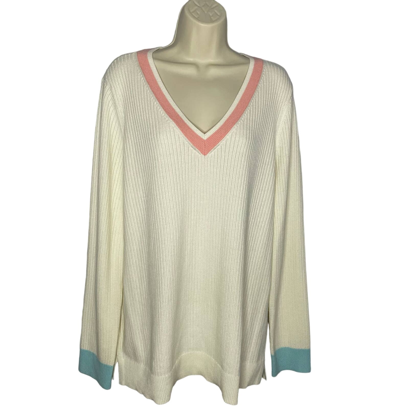 Talbots V Neck Long Sleeve Sweater Cream Women's XL Lightweight New